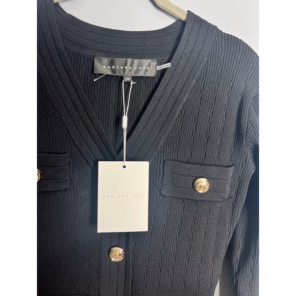 NWT Endless Rose V-Neck Long Sleeve Knit Mini Dress XS Black Gold Buttons Ribbed - Picture 7 of 11